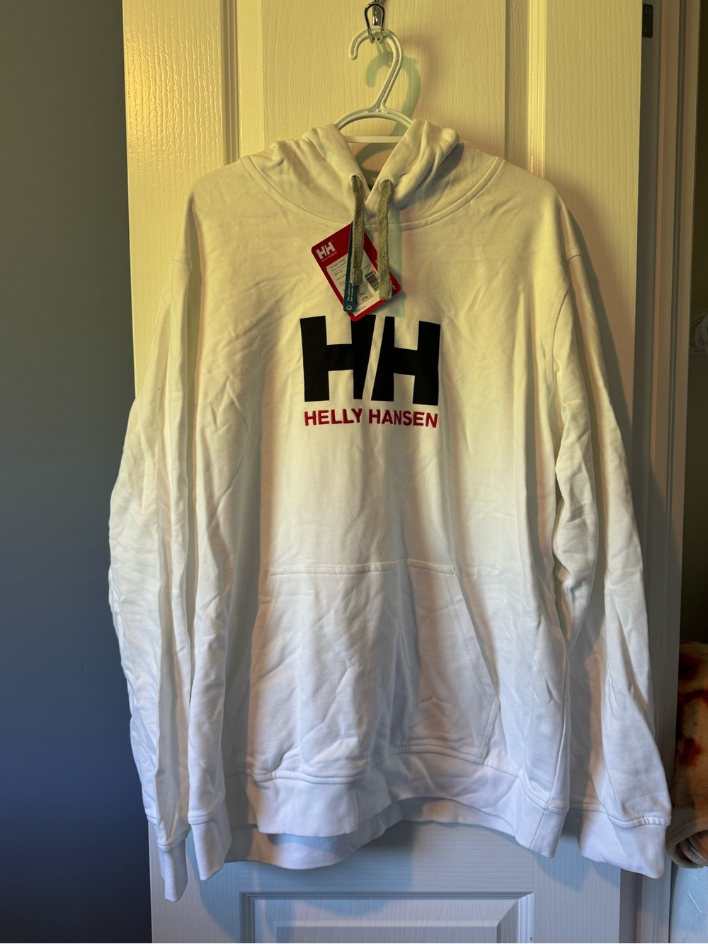 Helly Hansen White Pullover Hoodie with Black HH Logo and Red Text